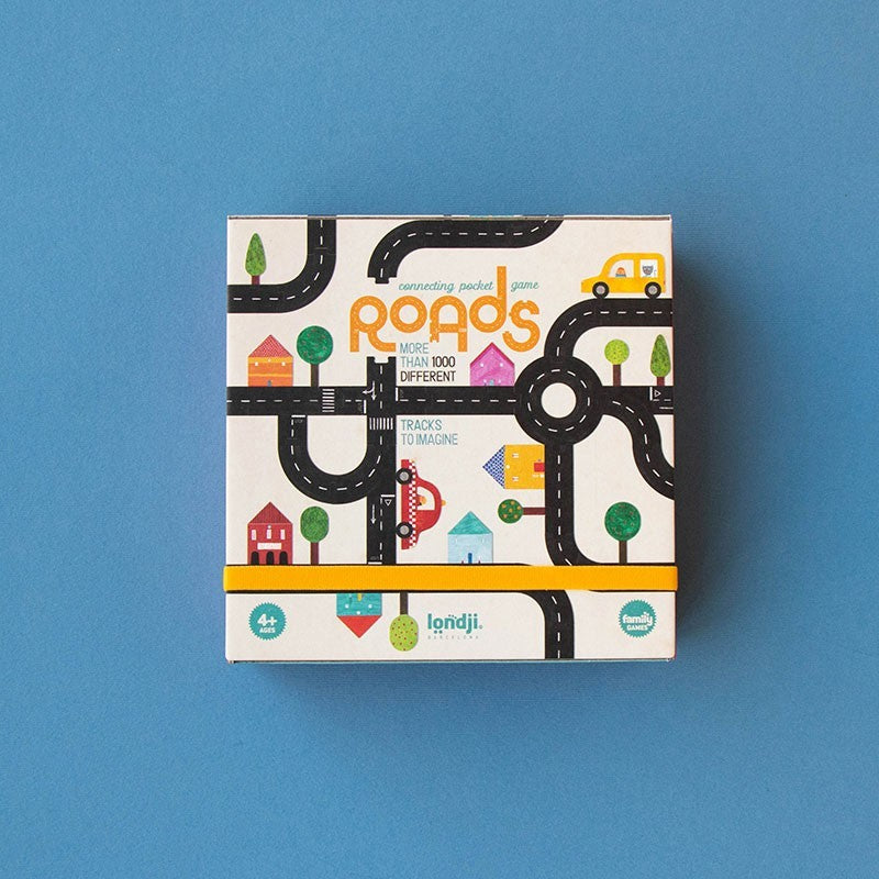Londji Roads Pocket Game creative wooden road building game for kids with two cars and 11 circuit challenges, made in Barcelona.