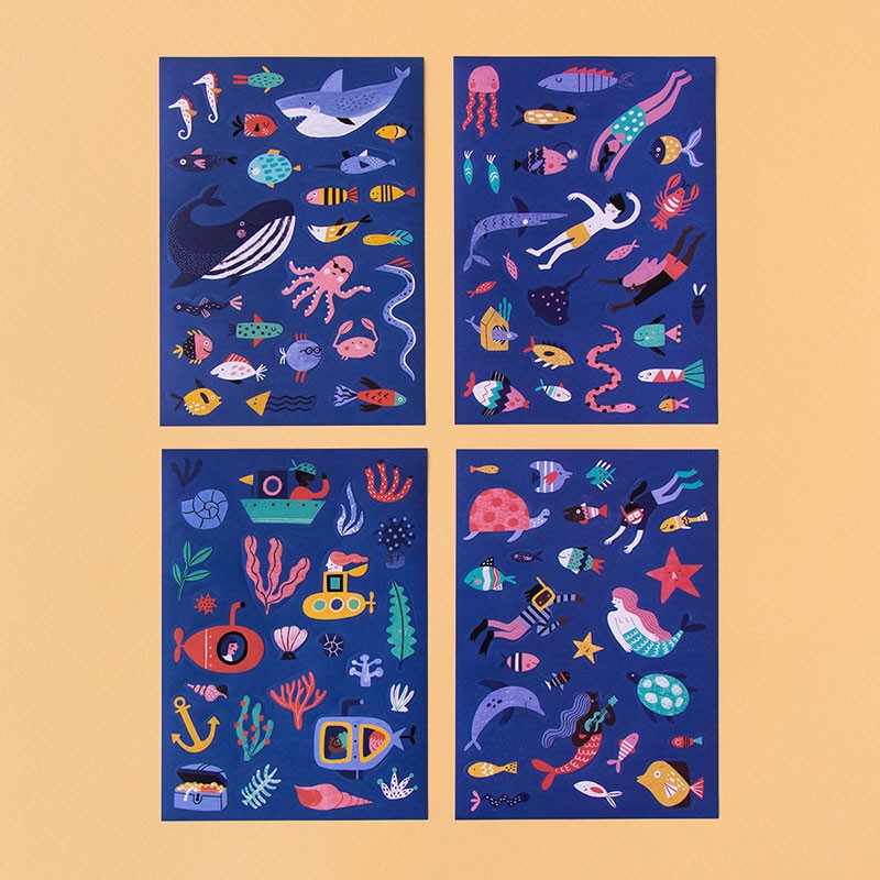 Londji Sea Stickers – creative ocean-themed reusable sticker set with 150 marine stickers for children, made in Barcelona, illustrated by Queralt Armengol.