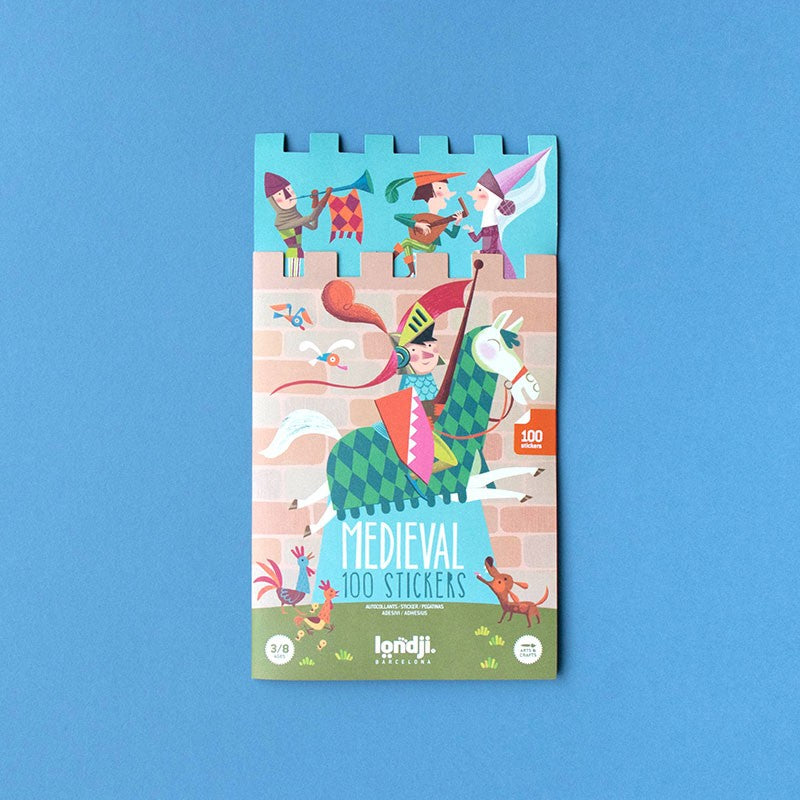 Set of 100 removable stickers featuring medieval characters like knights, kings, peasants, and more, perfect for creating your own medieval scenes.