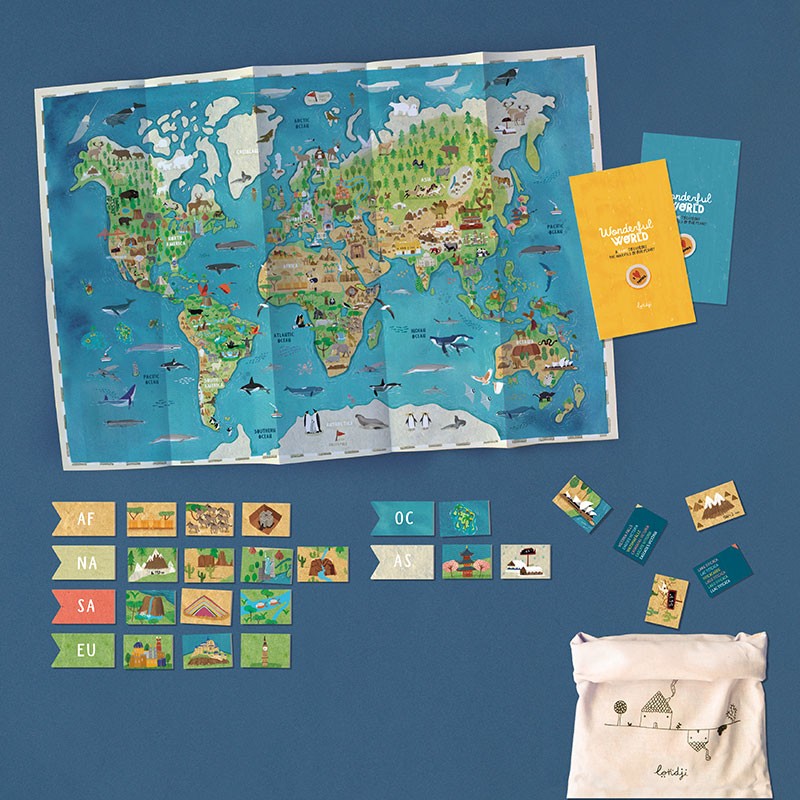 Londji Wonderful World educational geography game for kids to discover 100 cultural and natural wonders from around the world, made in Barcelona.
