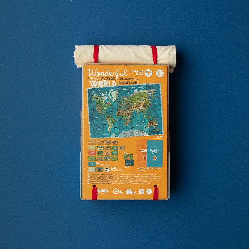 Londji Wonderful World educational geography game for kids to discover 100 cultural and natural wonders from around the world, made in Barcelona.