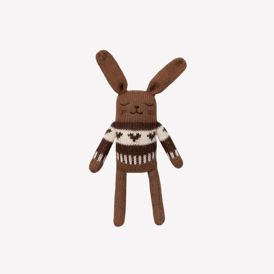 Main Sauvage Felix bunny soft toy in brown knitted jacquard sweater, handmade from 100% baby alpaca wool.