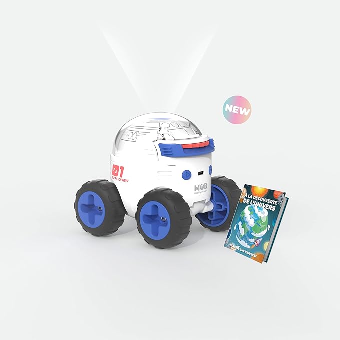 MOB Space Rover Explorer, a mini space vehicle light projector for kids, featuring 24 illustrated slides of key milestones in space exploration and a 24-page educational booklet. Includes Leo, an intergalactic guide, to inspire curiosity and creativity. Doubles as a soft nightlight with up to 8 hours of battery life. Perfect for children’s bedrooms or as a decorative nightlight. Designed by MOB, a brand known for blending modern aesthetics with functionality to inspire joy and wonder.