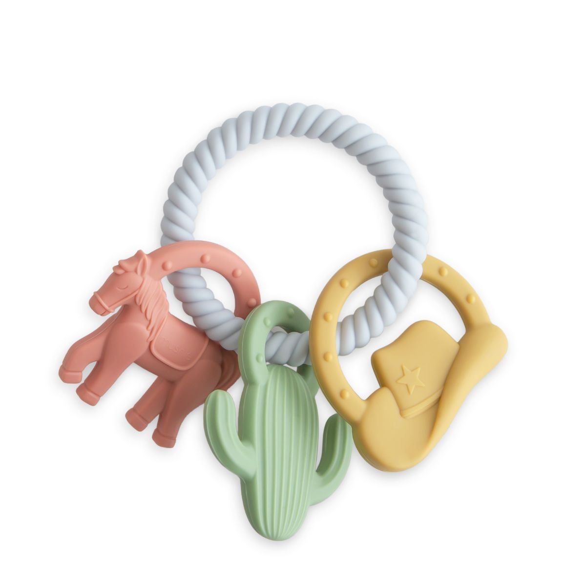 Western-themed silicone teething ring with textured horse, cactus, rocket ship and hat shapes, made from 100% food-grade silicone, BPA-free, for babies 3 months and up