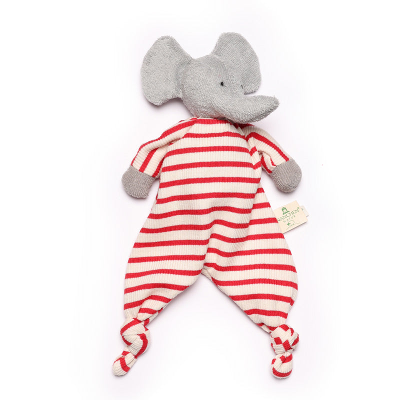 Nanchen Natur striped elephant baby comforter srripe natural and red made from organic cotton and wool – handmade comfort toy from Germany at Repose AMS