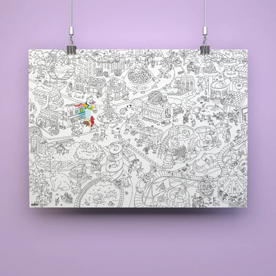 Whimsical city-themed coloring poster by OMY, 70 x 100 cm, featuring intricate details and charming companions, perfect for kids and families, made from high-quality extra-white paper.