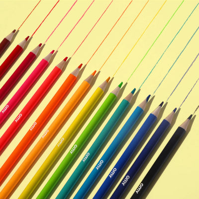 Box of 16 OMY colored pencils in neon and shiny colors, made of round wooden barrels with box that doubles as a pencil holder