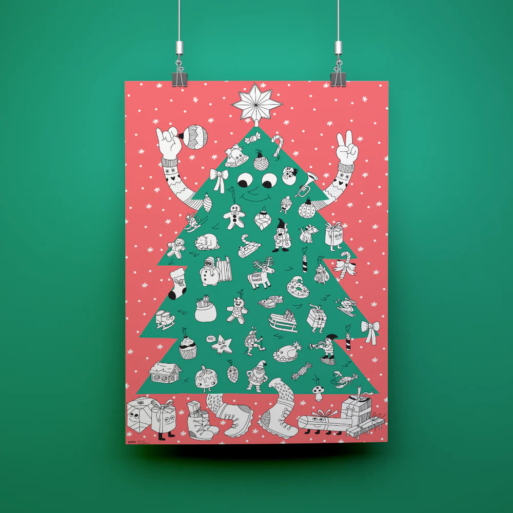 Giant tree coloring poster with over 50 illustrations to color, featuring shiny stickers and intricate designs for a festive holiday decoration.