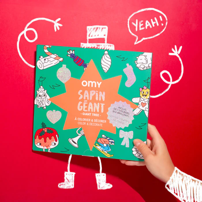 Giant tree coloring poster with over 50 illustrations to color, featuring shiny stickers and intricate designs for a festive holiday decoration.
