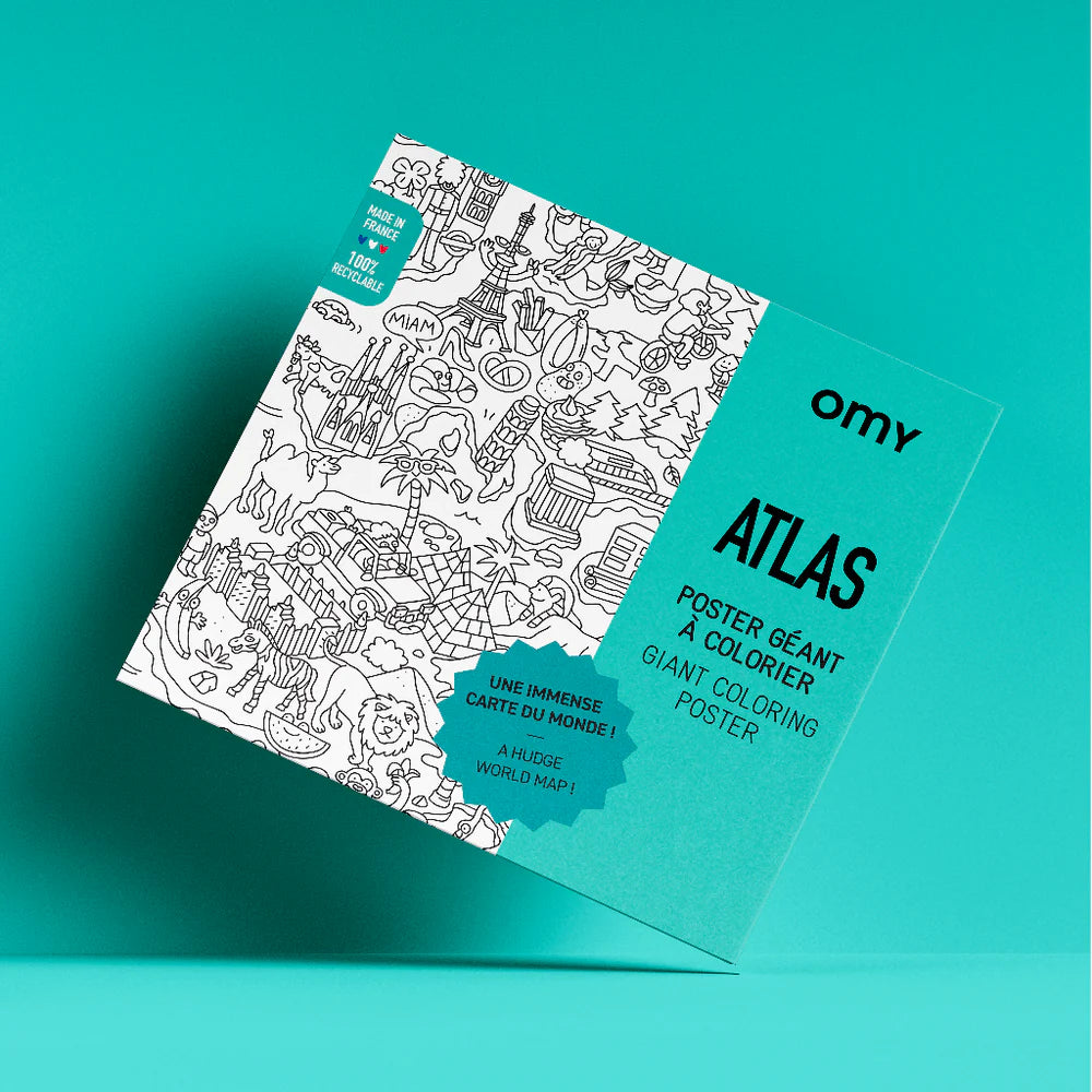 World-themed coloring poster by OMY featuring iconic landmarks like the pyramids of Egypt and the Statue of Liberty, 70 x 100 cm, made from high-quality extra-white paper, perfect for creative fun for all ages.