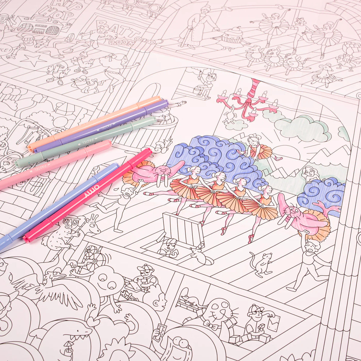 Coloring poster featuring ballerinas, pointe shoes, tutus, opera rats, and hip-hop dancers, ideal for creative activities and decoration.