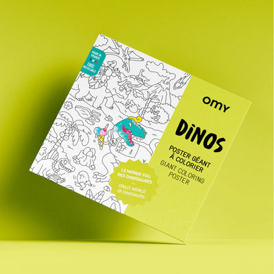 Dinosaur-themed giant coloring poster featuring detailed and humorous illustrations, ideal for kids and adults to use as wall art, tablecloth, or floor activity.