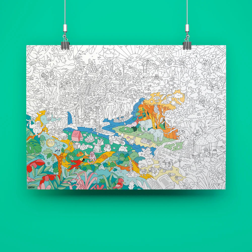 Jungle-themed coloring poster with humorous animal illustrations and lush green flora, ideal for creative activities and versatile use as wall art, tablecloth, or floor play.