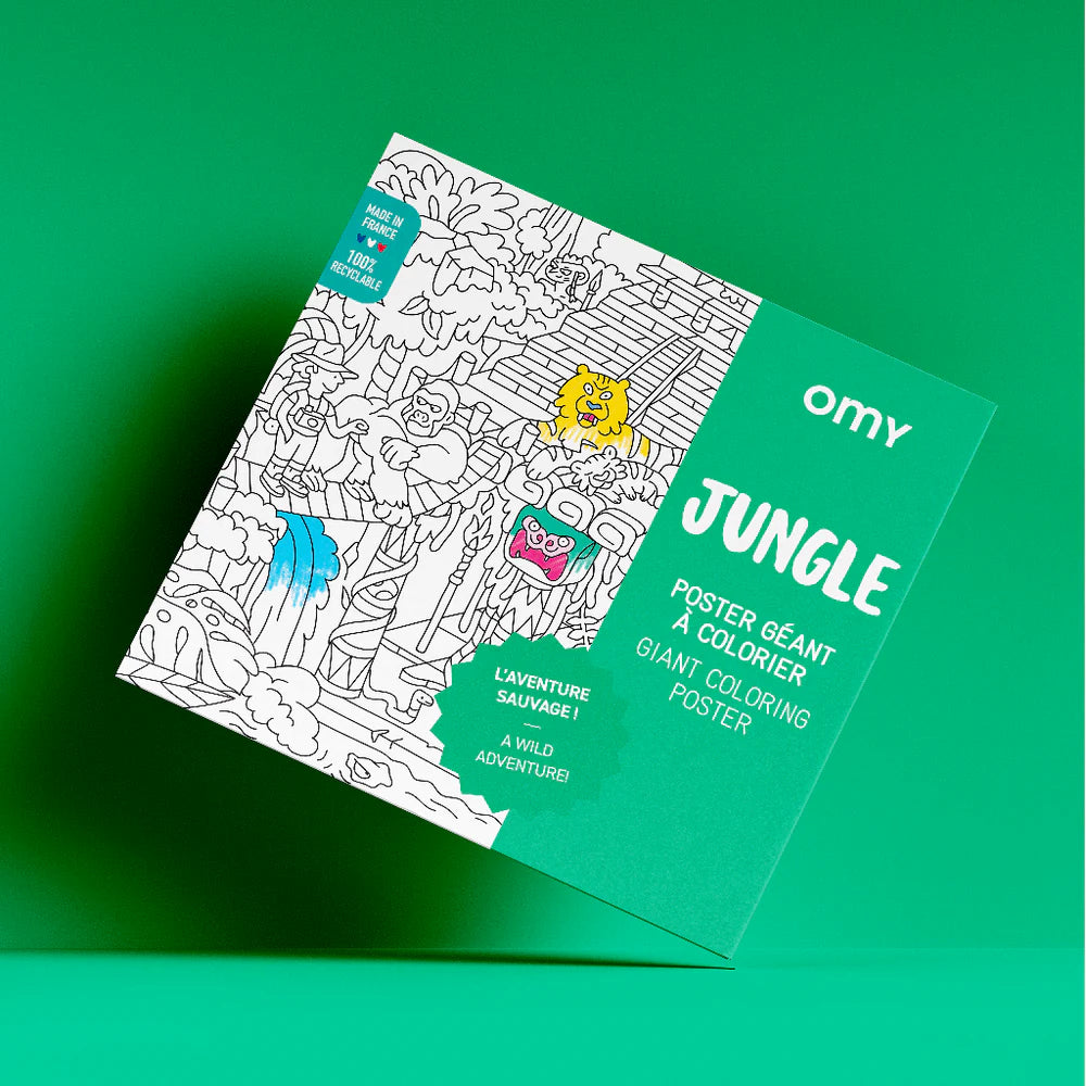 Jungle-themed coloring poster with humorous animal illustrations and lush green flora, ideal for creative activities and versatile use as wall art, tablecloth, or floor play.