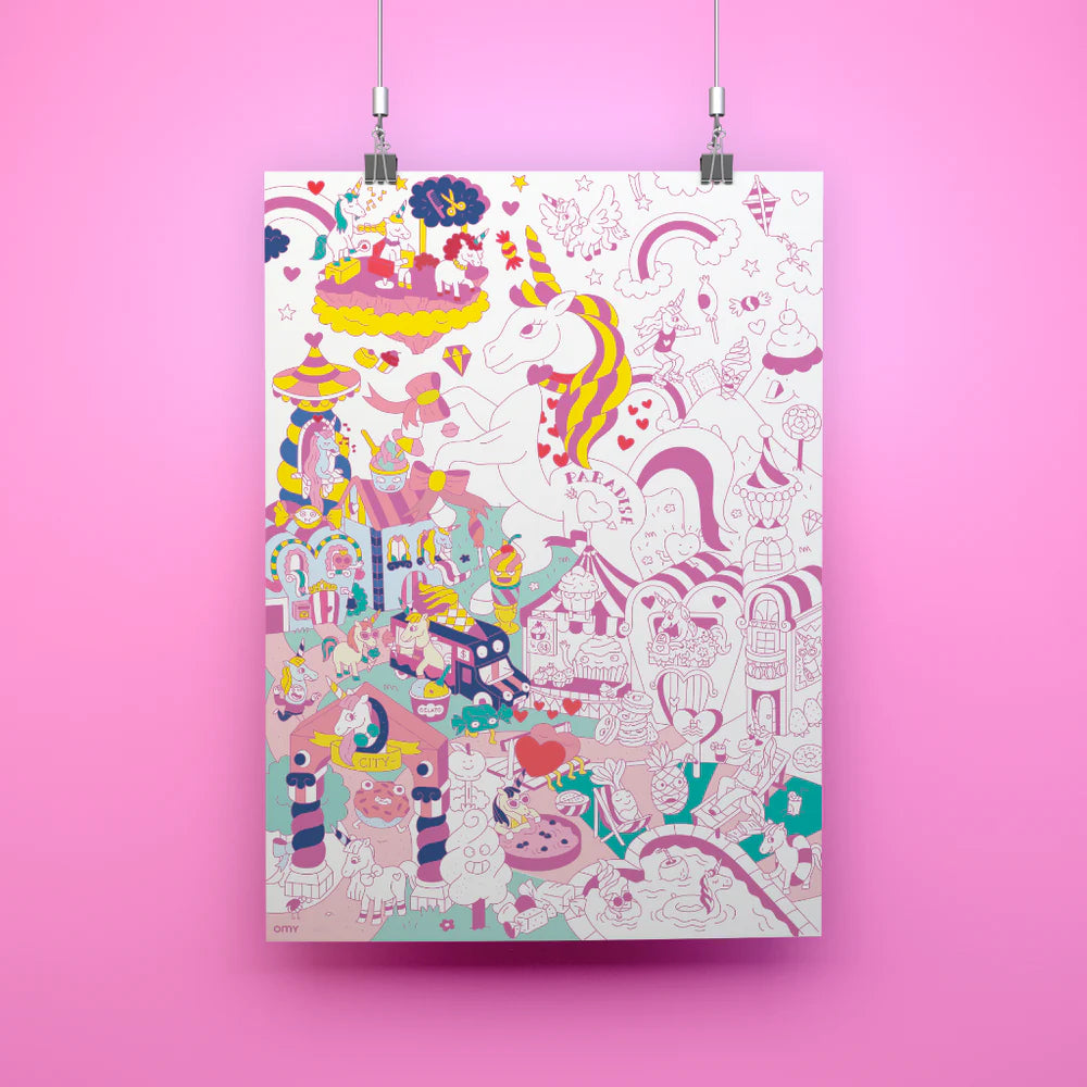 Neon pink coloring poster featuring Lily's magical world with rainbows and whimsical illustrations, ideal for kids and adults as wall art, tablecloth, or creative floor activity.