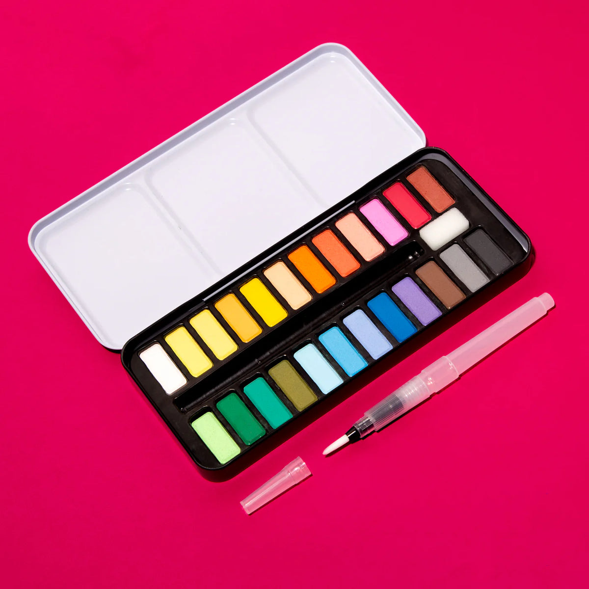 Watercolor kit with 24 vibrant colors, water tank brush, and sponge, ideal for painting on paper, cardboard, or canvas. Perfect for beginners and experienced artists.