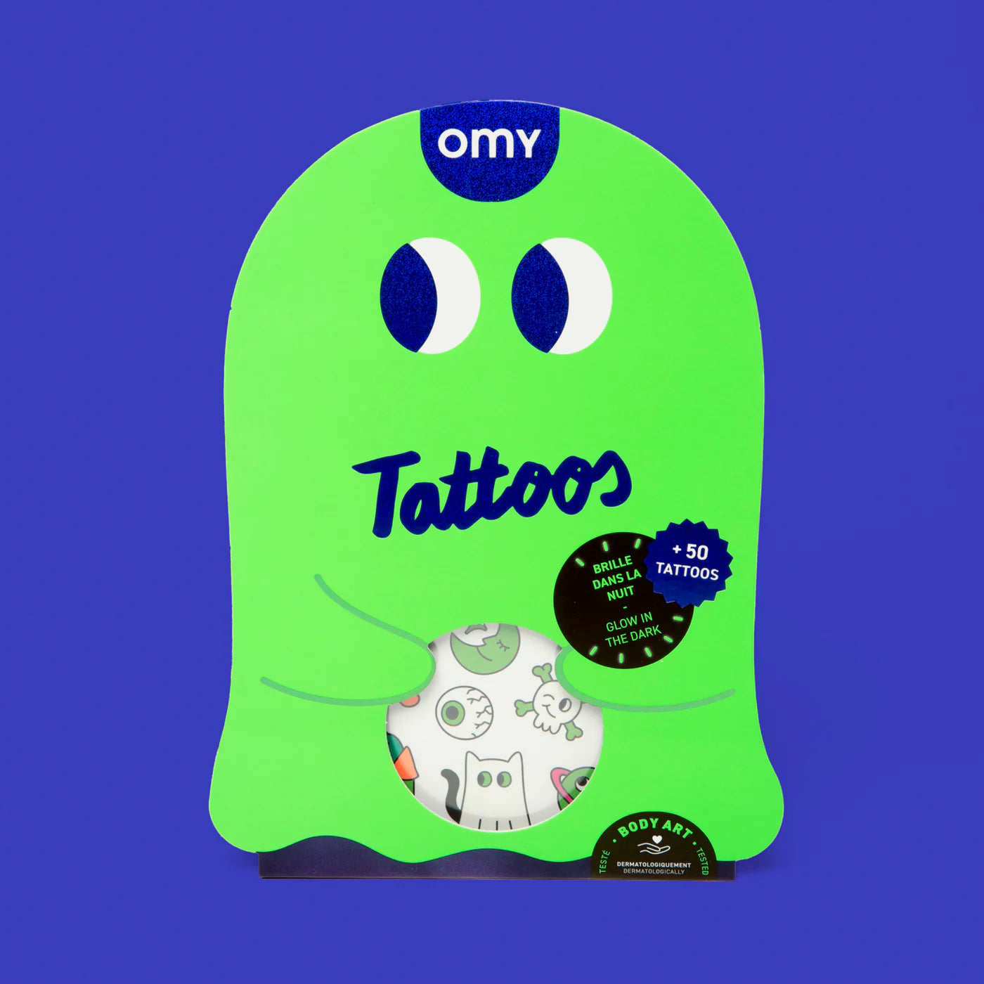 Sheet of 50 glow-in-the-dark temporary tattoos for children featuring playful Halloween designs like ghosts and pumpkins – ideal for parties and creative fun.