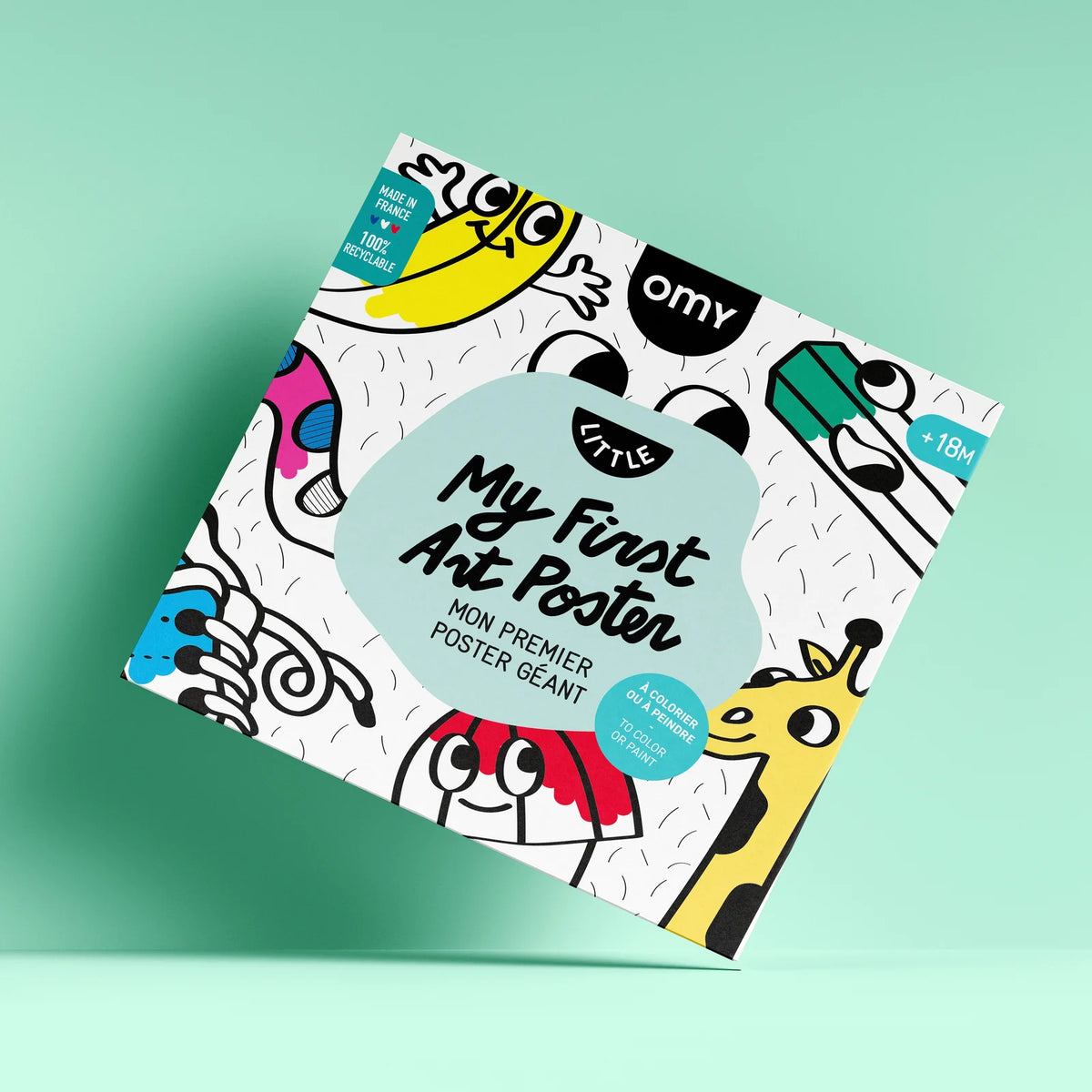 A giant OMY coloring poster designed for toddlers, featuring playful illustrations and fun details. Perfect for creative exploration, it can be used on the floor, as wall art, or as a tablecloth for shared coloring fun.