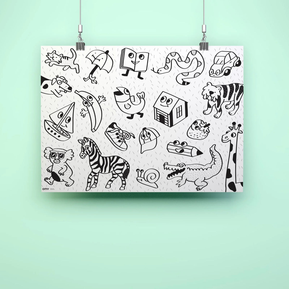 A giant OMY coloring poster designed for toddlers, featuring playful illustrations and fun details. Perfect for creative exploration, it can be used on the floor, as wall art, or as a tablecloth for shared coloring fun.