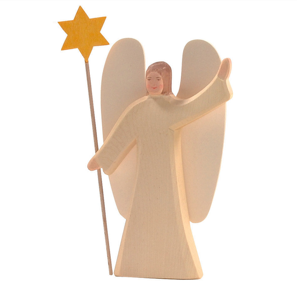 Handcrafted Ostheimer wooden angel holding a star, made from natural wood with a non-toxic finish, for imaginative play and holiday decor.