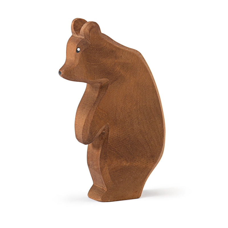 Handcrafted Ostheimer wooden standing bear figure, created from natural wood with a safe, non-toxic finish, ideal for imaginative play and nature-inspired collection.