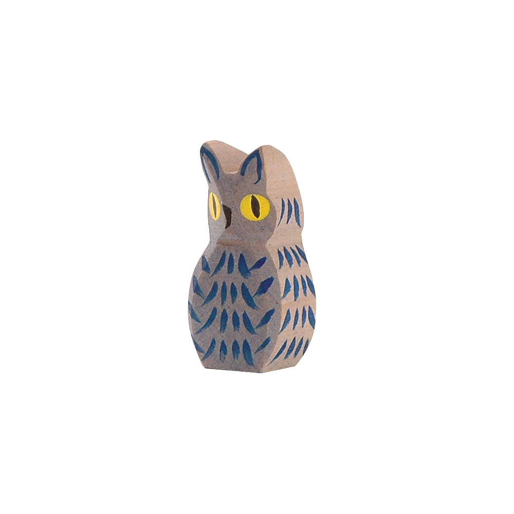 Ostheimer Blue Owl wooden figure with dark blue plumage and large round eyes, handcrafted from maple wood