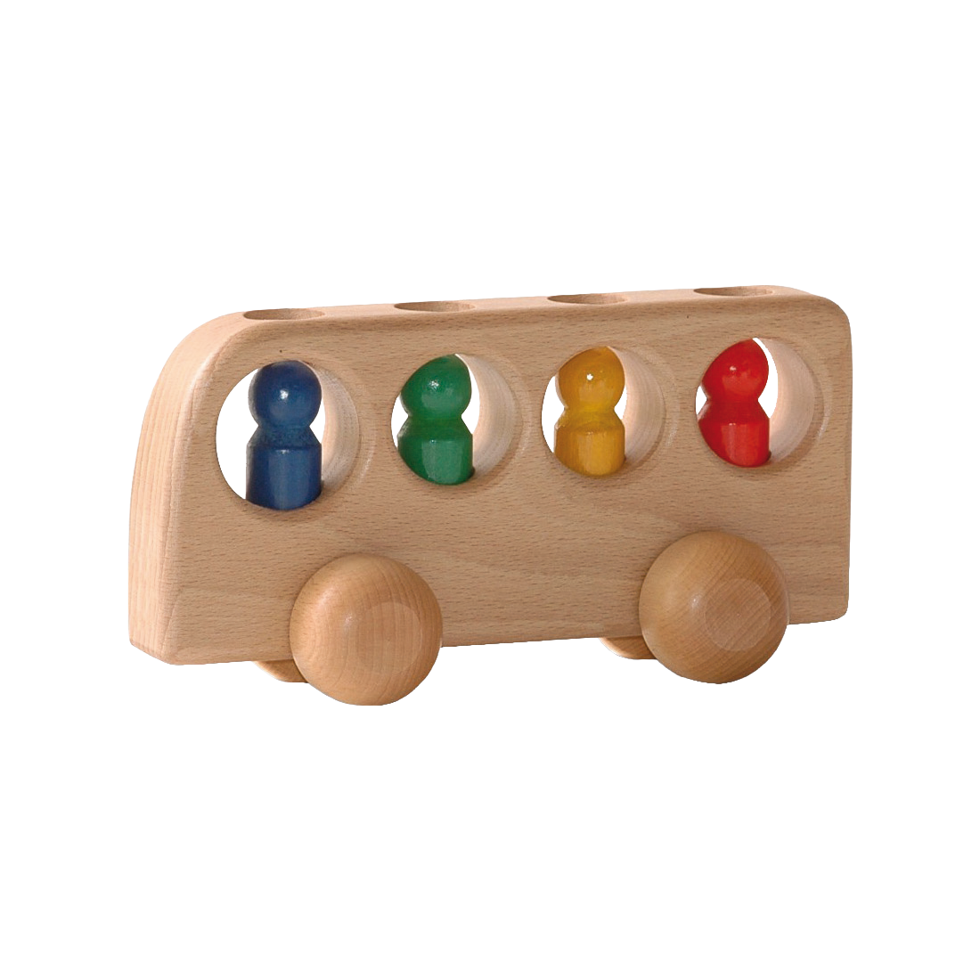 Ostheimer natural wooden toy bus with four colourful wooden figures, handmade in Germany