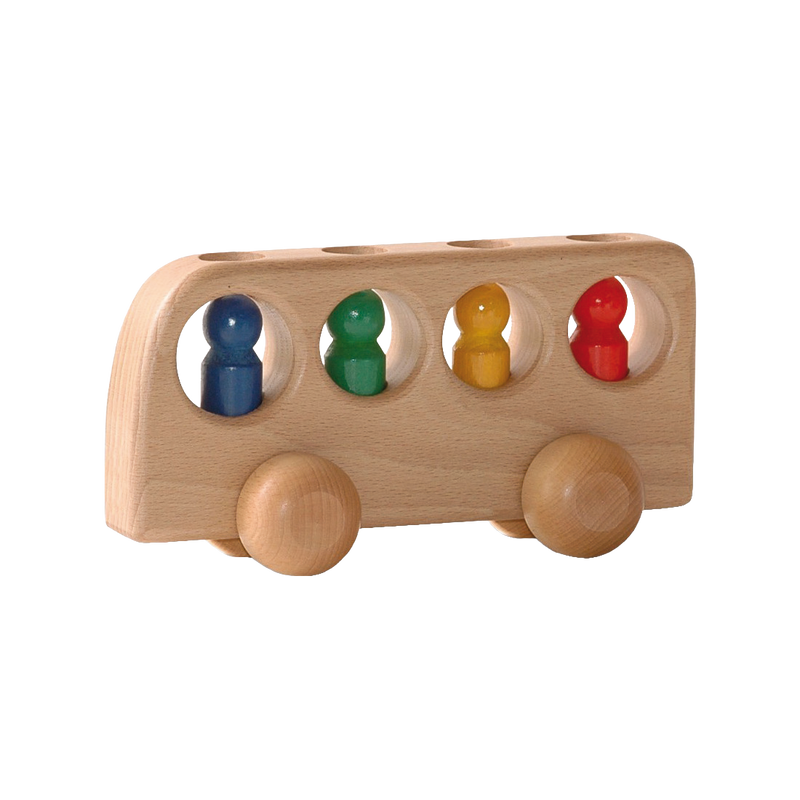 Ostheimer natural wooden toy bus with four colourful wooden figures, handmade in Germany