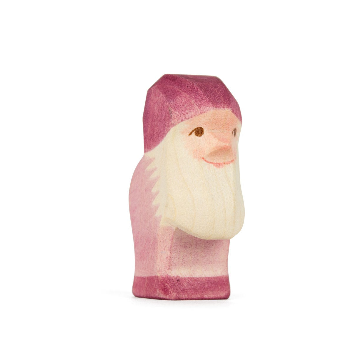 Handcrafted Ostheimer violet dwarf figure with a vibrant violet hat, detailed beard, and friendly smile, made from sustainable maple wood with non-toxic finishes, perfect for fairy tale and woodland play.