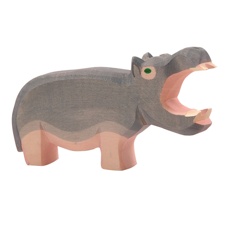 Handcrafted Ostheimer wooden hippo with open mouth figure, made from natural wood with non-toxic finish, for open-ended play.