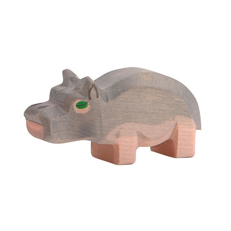 Handcrafted Ostheimer wooden small hippo figure, made from natural wood with non-toxic finish, for open-ended play.