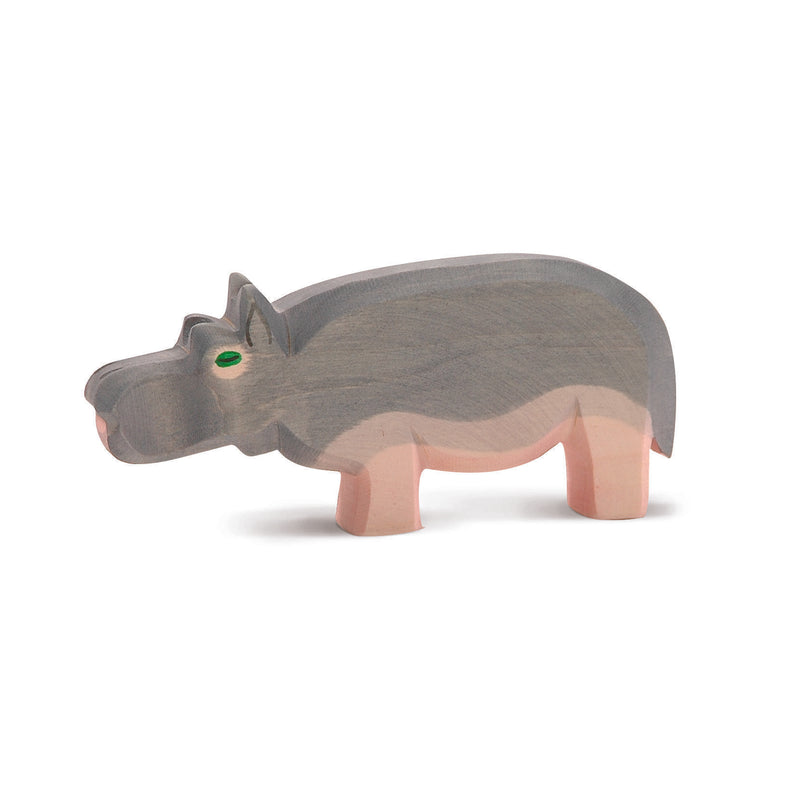 Handcrafted Ostheimer wooden hippo figure, made from natural wood with non-toxic finish, for open-ended play.