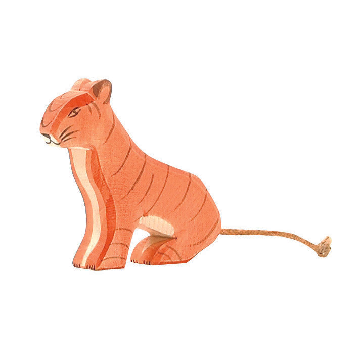 Handcrafted Ostheimer sitting tiger figure, made from natural wood with non-toxic finish, for imaginative play.