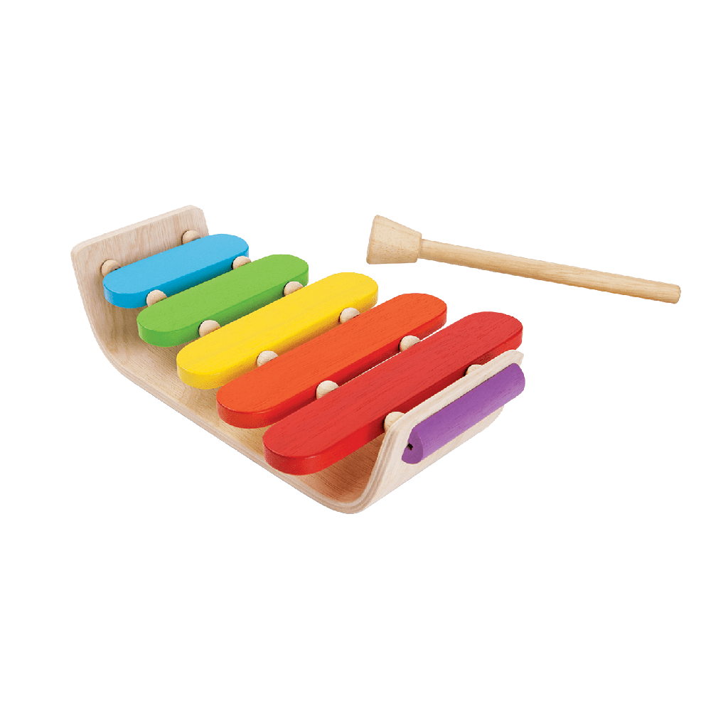 PlanToys Oval Xylophone wooden musical toy with five colourful bars and a wooden mallet.