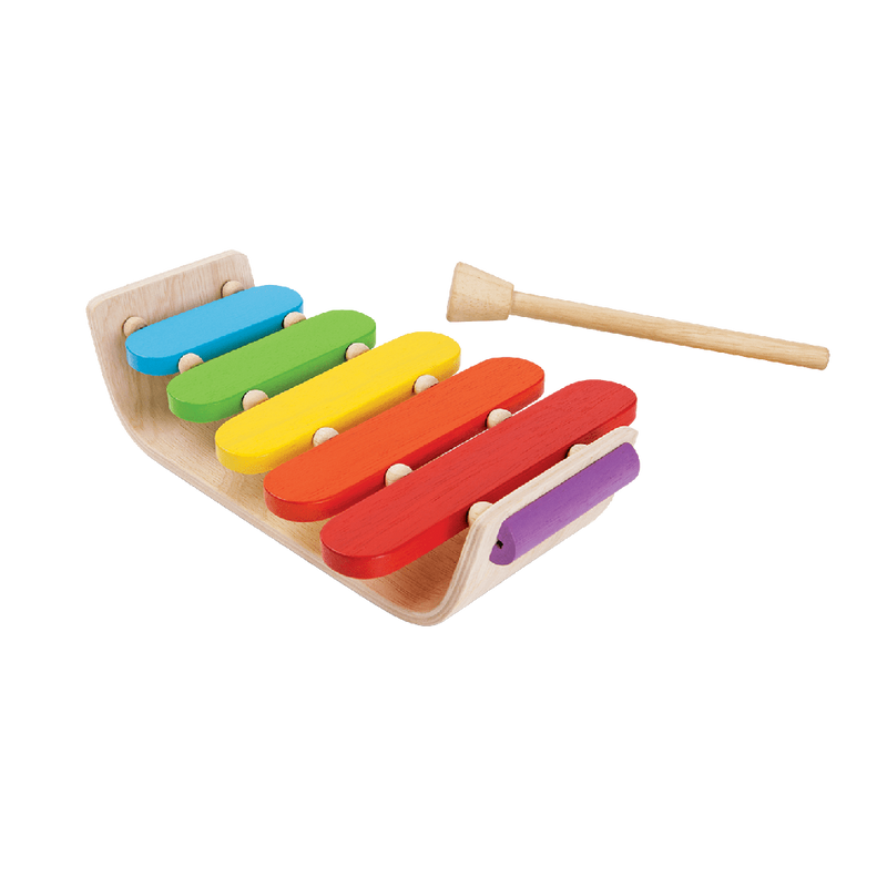 PlanToys Oval Xylophone wooden musical toy with five colourful bars and a wooden mallet.