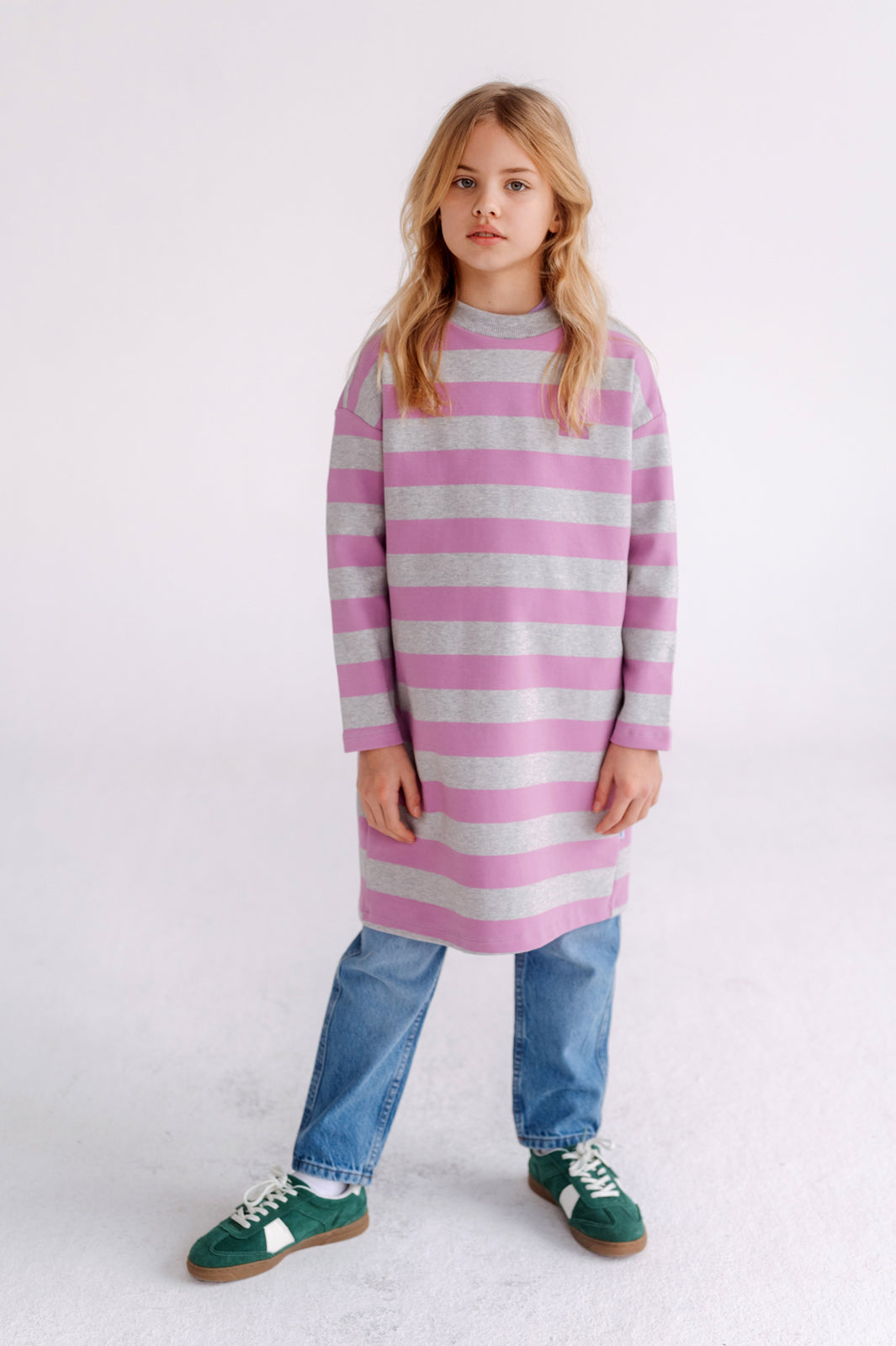 oversized boxy sweat dress - orchid light mixed grey block stripe