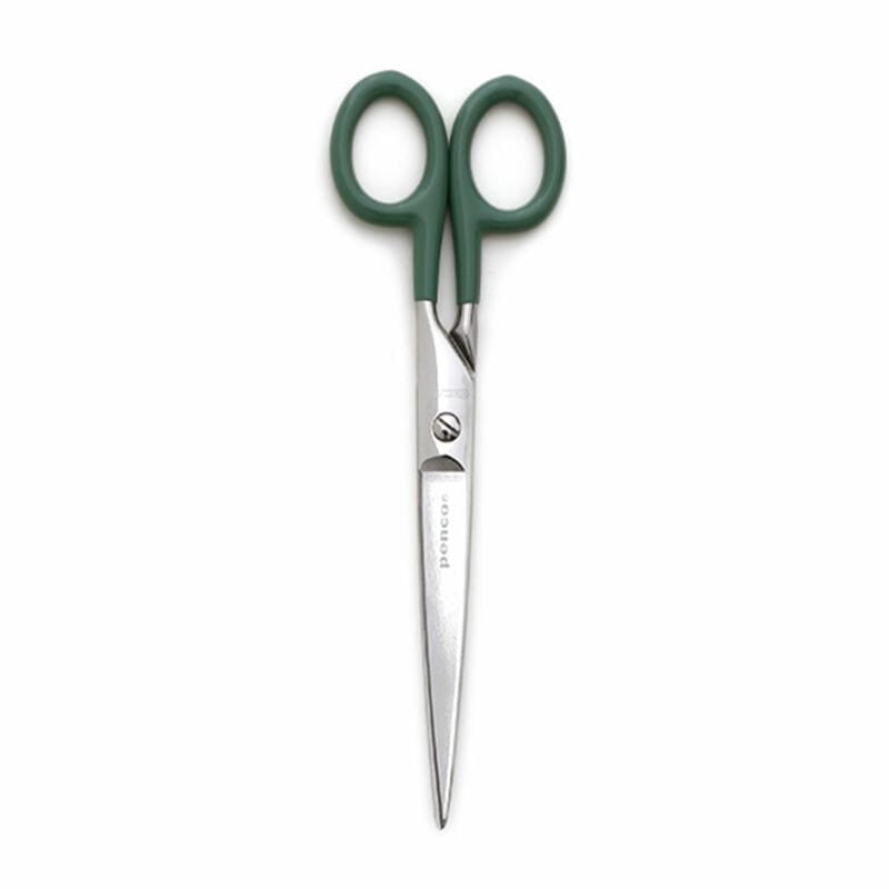 Large green Penco Stainless Steel Scissors with a durable stainless steel blade and a rubber handle for a non-slip grip, featuring a protective sleeve for safe storage. Designed by Japanese stationery brand Penco.