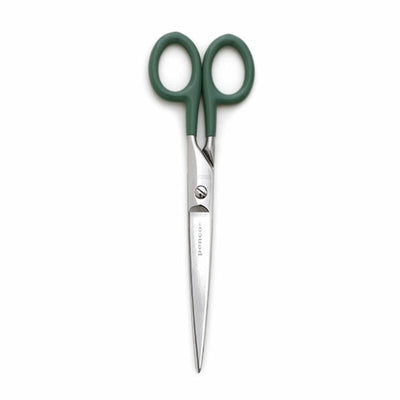 Large green Penco Stainless Steel Scissors with a durable stainless steel blade and a rubber handle for a non-slip grip, featuring a protective sleeve for safe storage. Designed by Japanese stationery brand Penco.