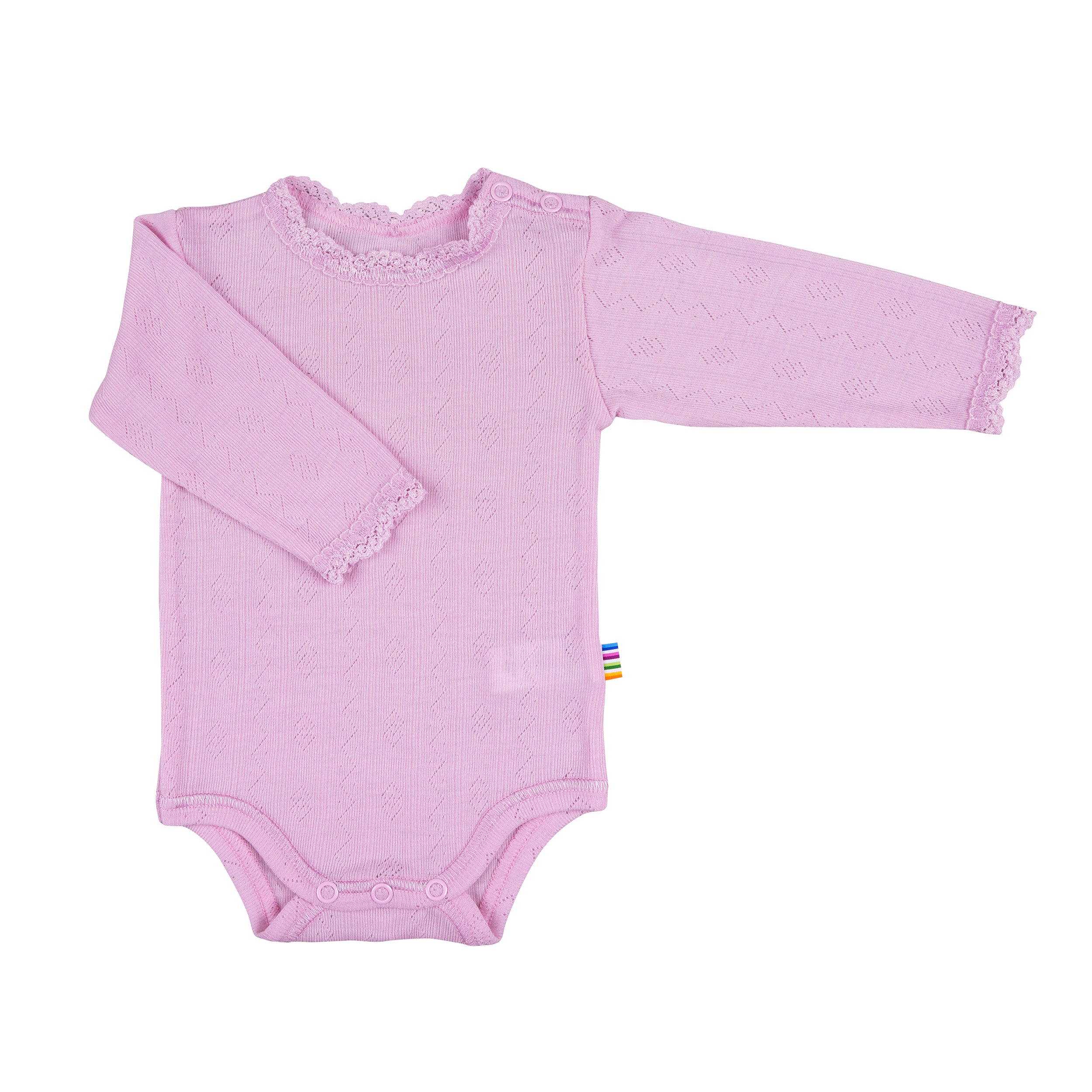 prim rose pointelle baby romper made from soft wool and silk – breathable, temperature-regulating knitwear for newborns and infants.