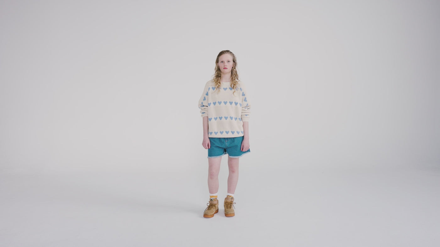 knit slouchy sweater - summer day blue hearts