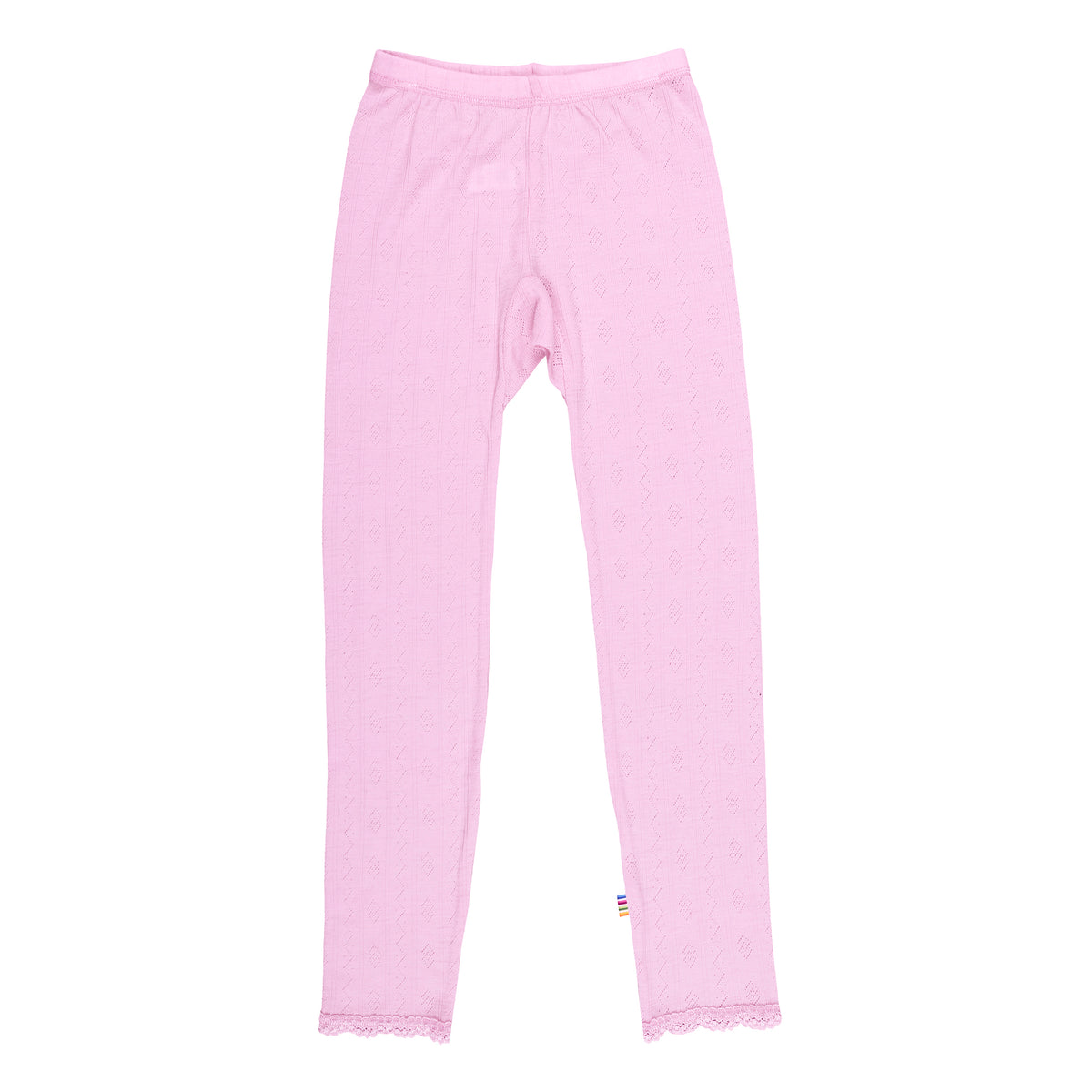 Soft wool and silk baby legging with pointelle knit in prim rose color – breathable and temperature-regulating knitwear for babies.