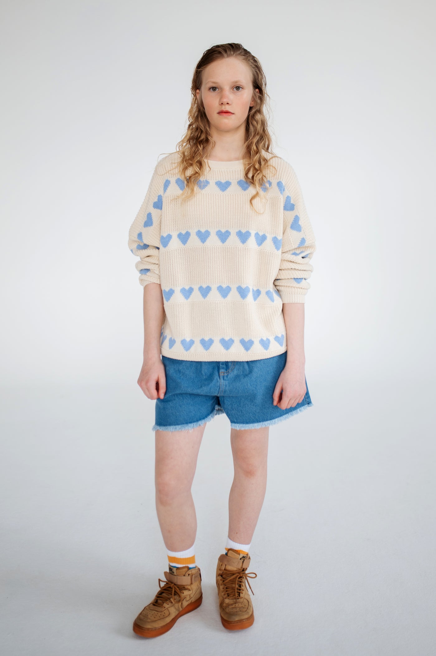 knit slouchy sweater - summer day blue hearts