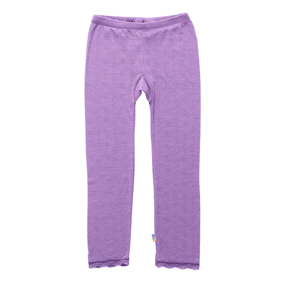 Soft wool and silk baby legging with pointelle knit in purple tone – breathable and temperature-regulating knitwear for babies.
