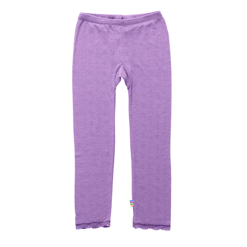 Soft wool and silk baby legging with pointelle knit in purple tone – breathable and temperature-regulating knitwear for babies.