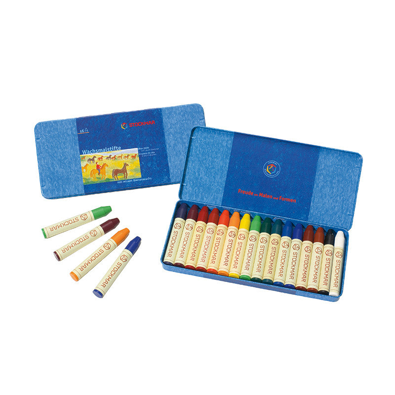 16 beeswax stick crayons in vibrant colours in a metal case