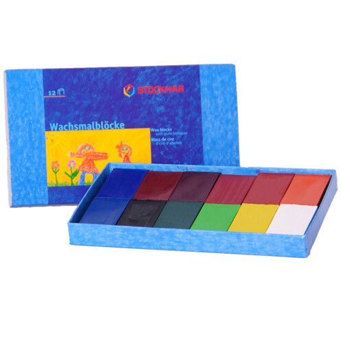 Set of 12 Stockmar block crayons in vibrant colors in a cardboard box