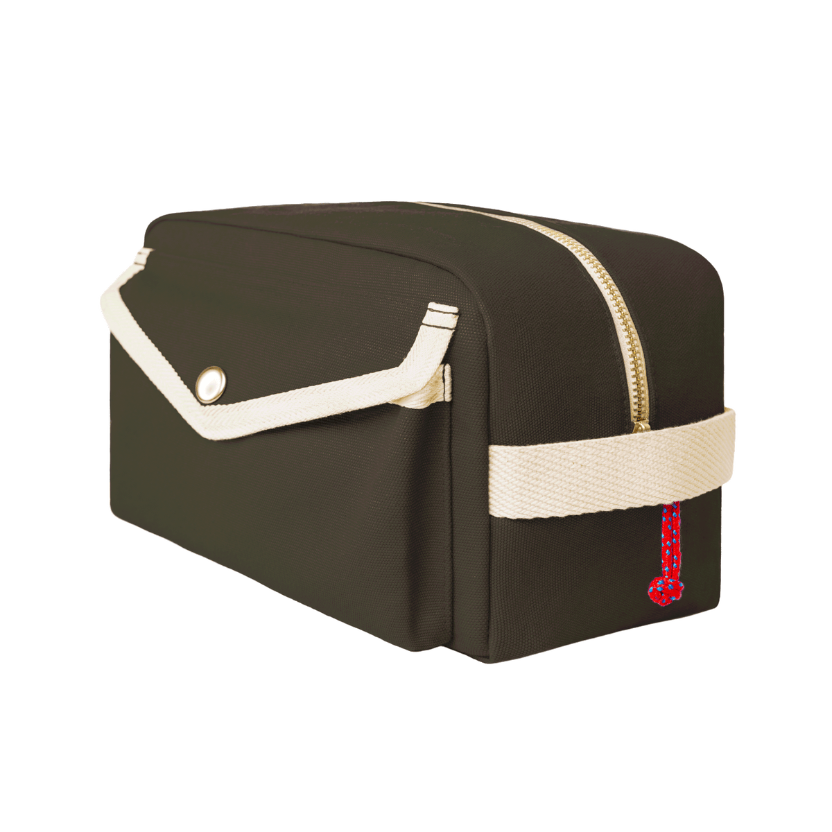 YKRA Dopp Pack toiletry bag made from durable cotton canvas, featuring outer pockets and a carrying handle.