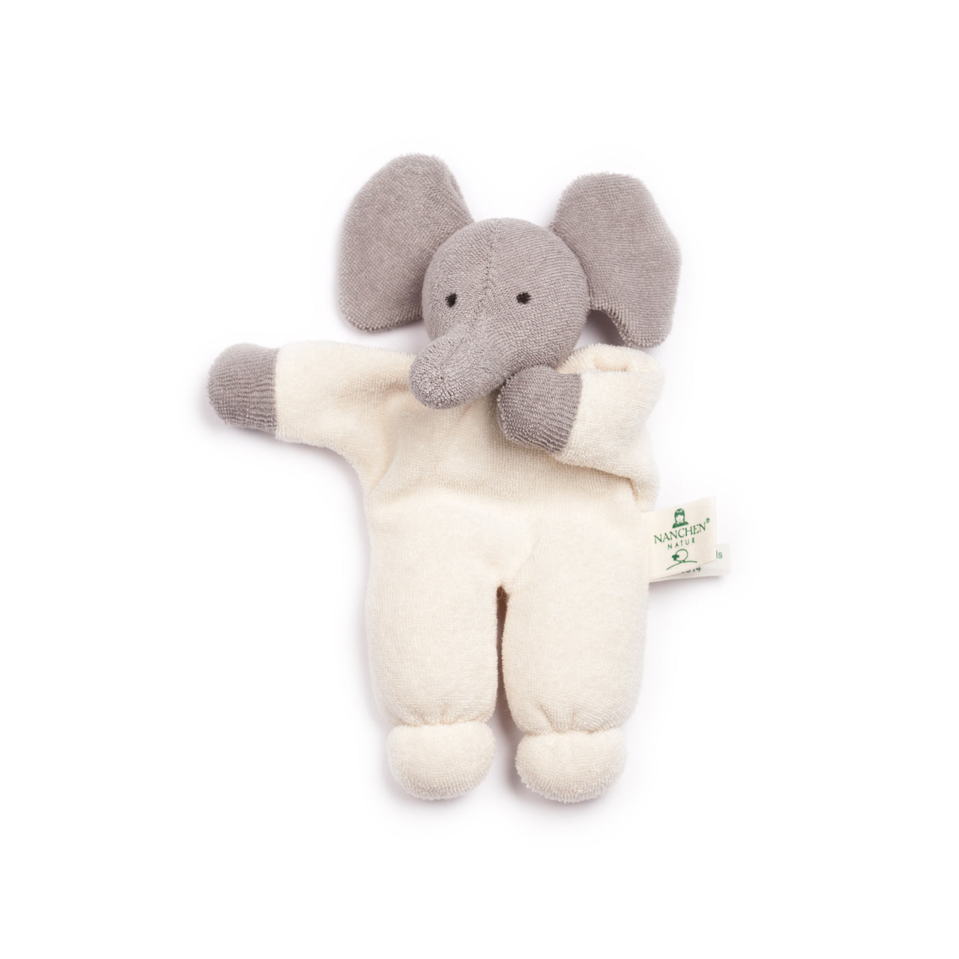 Handmade organic cotton elephant baby toy by Nanchen Natur, filled with organic wool and suitable from birth