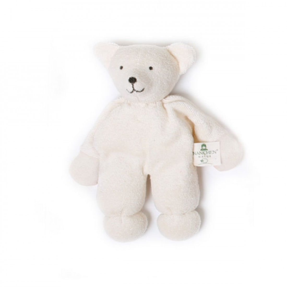 Handmade organic cotton polar bear baby toy by Nanchen Natur, filled with organic wool and suitable from birth