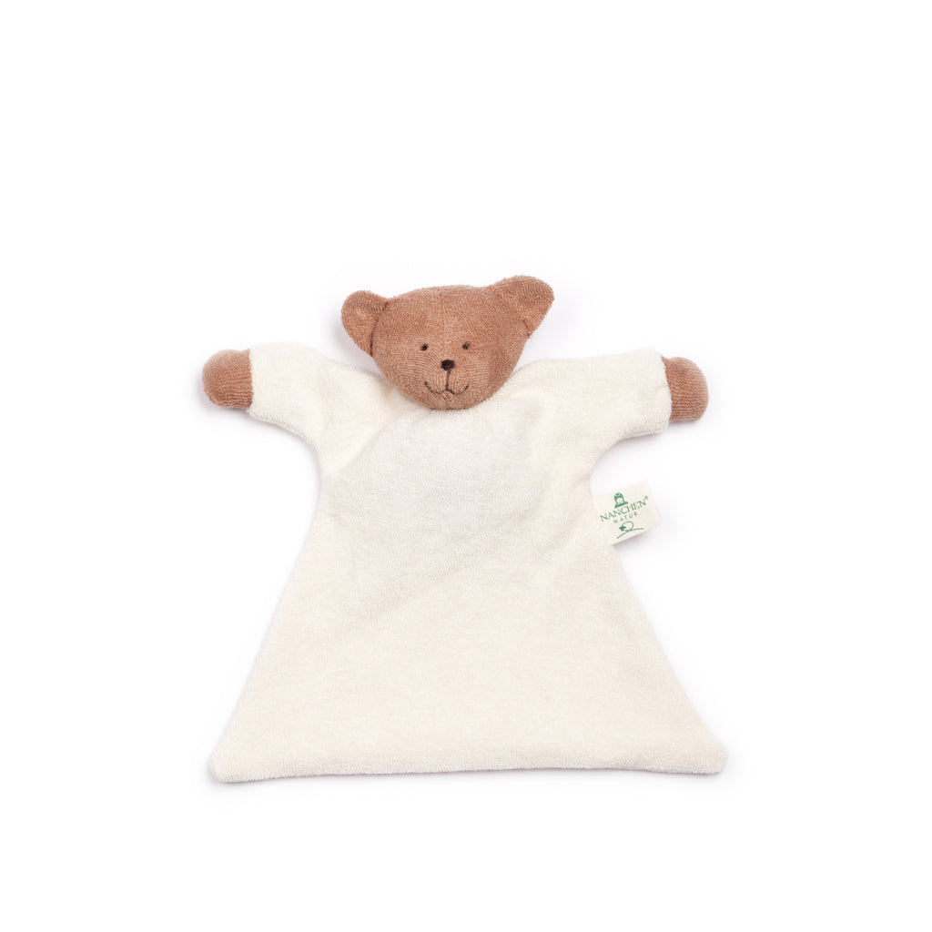Handmade organic cotton teddy bear comforter by Nanchen Natur, perfect for snuggling and teething